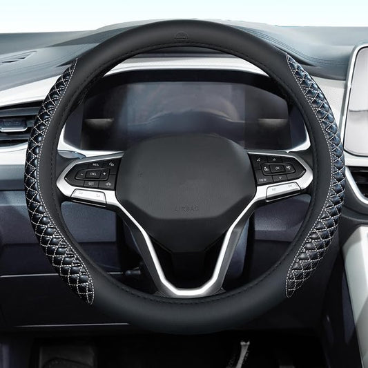 Coverado Car Steering Wheel Cover, Nappa Leather Black & Grayline Steering Wheel Covers, Universal 14-15 inch, Anti-Slip, Breathable Steering Wheel Protector for Women Men