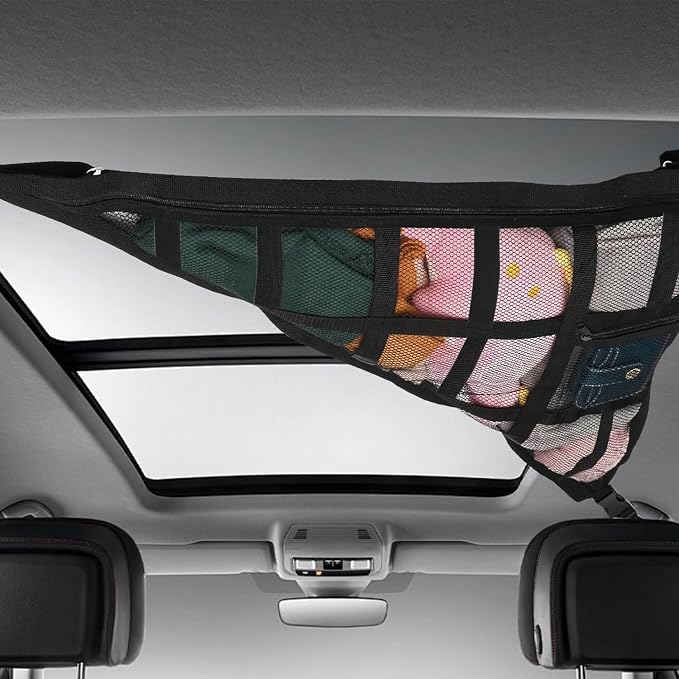 Car Ceiling Cargo Net for SUV & Van, Black, 1 Count | Overhead Storage Organizer, 3 Handles, Dual Layer Roof Rack, Fits Ford F150/Jeep/CRV/RAV4, Camping & Road Trip Gear