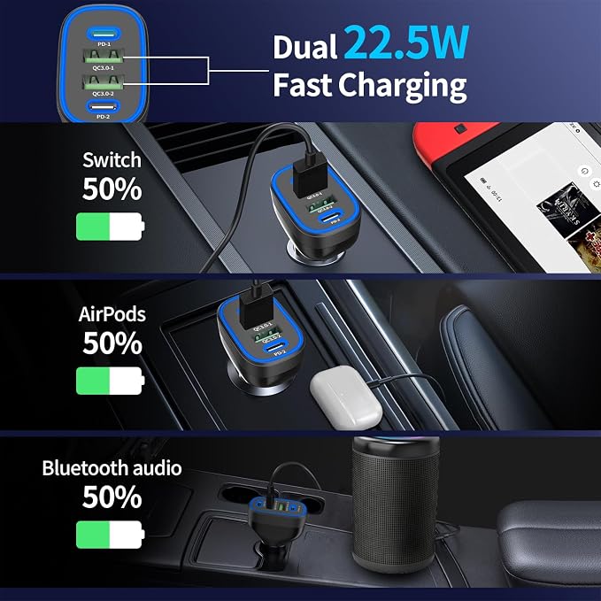 90W 4 Ports USB C Super Fast Car Charger for iPhone 17/Android Car Adapter | Dual 45W USBC& 22.5W USB Port, Roadtrip Essentials, Multi Port Car Charger, 12V Cigarette Lighter Adapter, Car Accessories