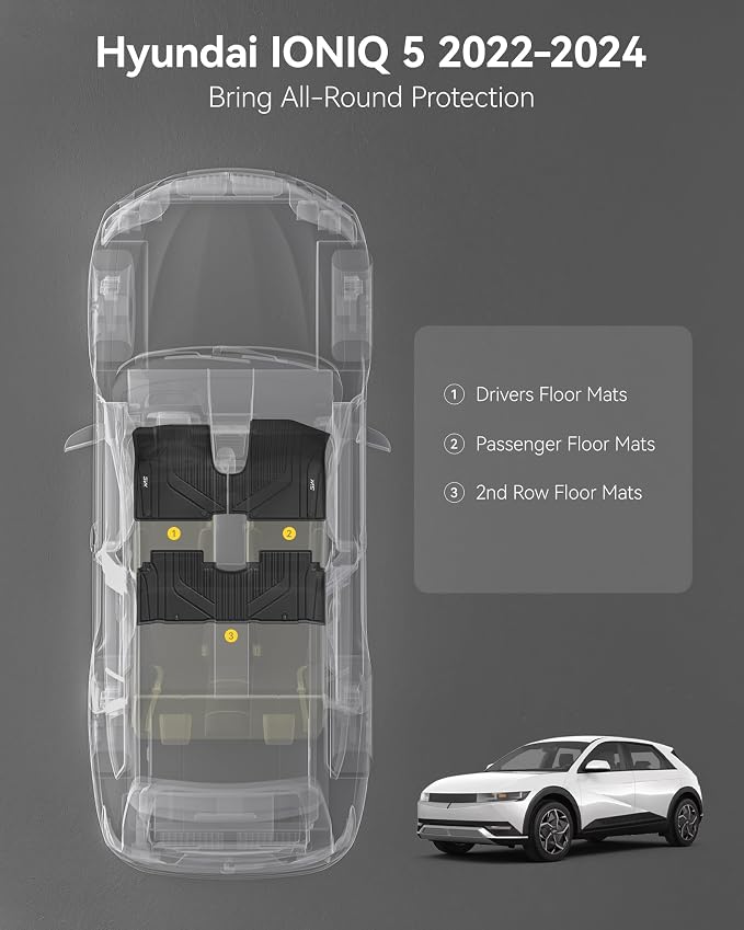 3W Floor Mats for Hyundai Ioniq 5 2022-2024 (Only for Unmovable Console), TPE All Weather Custom Fit Floor Mats for Hyundai Ioniq 5 1st and 2nd Row Full Set Car Liners, Black