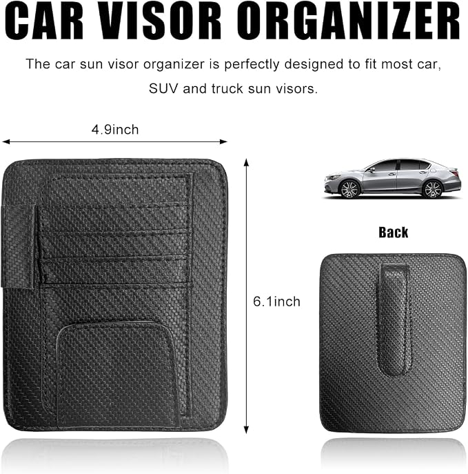 povtii Car Sun Visor Organizer, Waterproof Leather Car Sun Visor Storage Clip, Multifunctional Vehicle Sun Visor Folder with Sunglasses Clip, Universal Interior Car Accessories (Black Carbon Fiber)