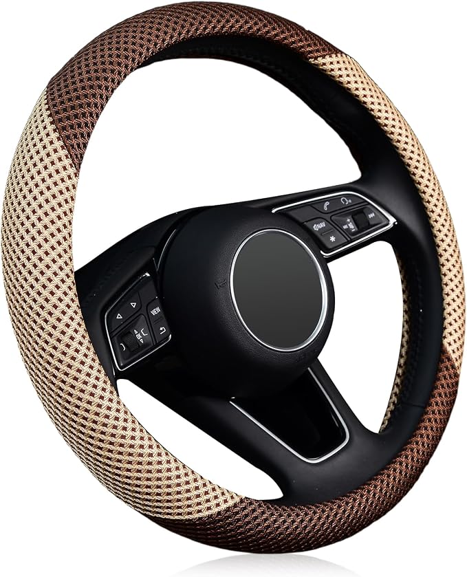 ZHOL Steering Wheel Cover Universal 15 inch Microfiber Breathable Ice Silk Steering Wheel Covers Anti-Slip Car Interior Accessories for Women Men, Warm in Winter and Cool in Summer, Beige&Brown