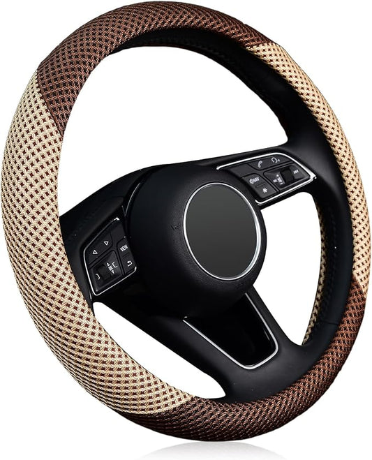 ZHOL Steering Wheel Cover Universal 15 inch Microfiber Breathable Ice Silk Steering Wheel Covers Anti-Slip Car Interior Accessories for Women Men, Warm in Winter and Cool in Summer, Beige&Brown