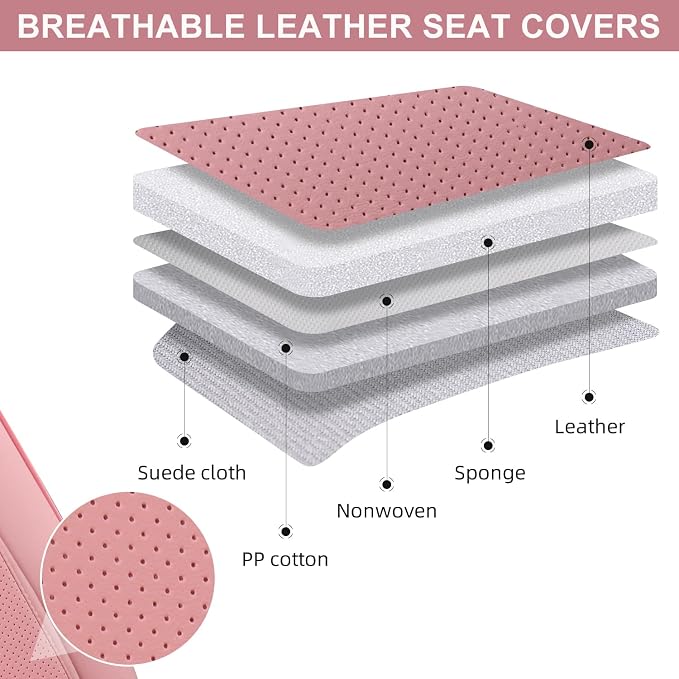Pink Car Seat Covers Front Pair, Breathable Leather Automotive Front Seat Covers with Headrest, Universal Automotive Vehicle Seat Cover for Most Sedan SUV Pick-up Trucks
