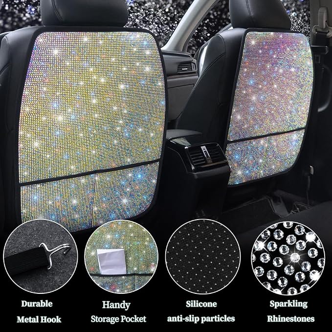 Diamond Bling Car Seat Kick Protectors with Storage – Sparkly Rhinestone Kick Mats, Universal Back Seat Cover for SUV, Crystal Auto Accessories for Stylish Moms Color 2pcs
