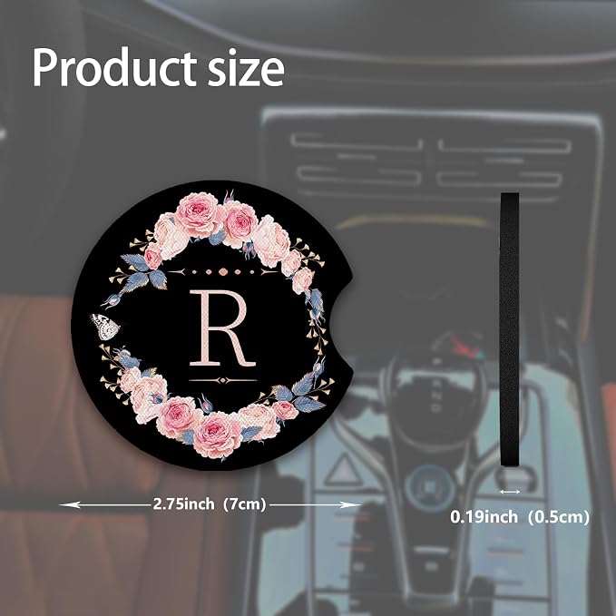 2pcs Letter R Car Coasters,Absorbent Universal neoprener Cup Holder Coasters with a Finger Notch,Car Accessories for Women&Man Interior，2.75"