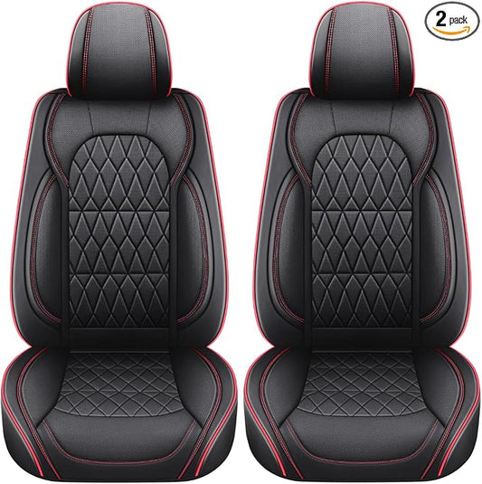 Aierxuan 2 Front Seat Covers Waterproof Leather Full Coverage, Black-Red | Universal Fit Toyota 4Runner Corolla Chr Focus Fiesta Fusion Escape Explorer Audi Q3 Q5 K900 Forte Sedona Stinger