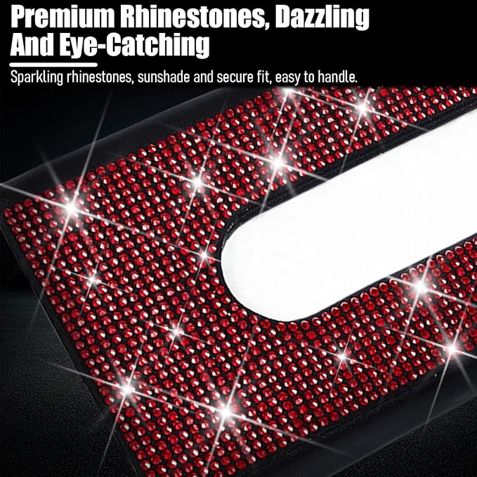 Bling Car Sun Visor Tissue Box Holder, Leather Automotive Napkin Box Holder Organizer with Crystal Rhinestone, Sparkling Vehicles Sun Visor Paper Towel Cover Case, Universal Fit (Red)