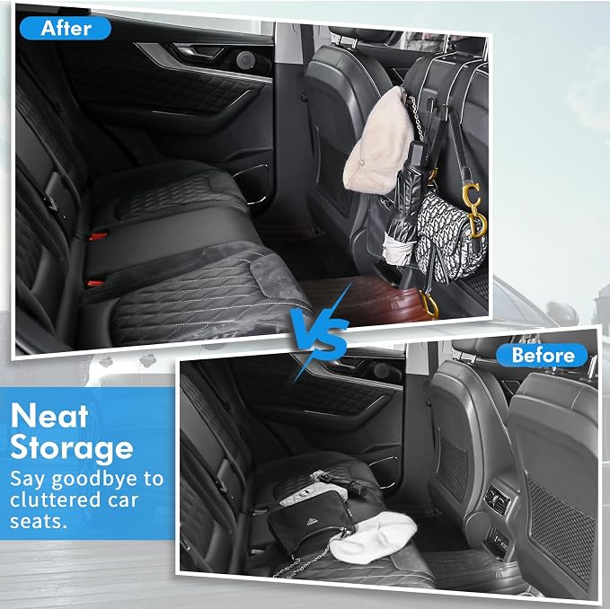 Car Hooks for Headrest, Leather Car Seat Back Storage Organizer Interior Accessories, More Wide & Deep Auto Seat Hook Hangers for Purse Umbrellas Handbag Clothes Coats Grocery Bags (Black-1 Pack)