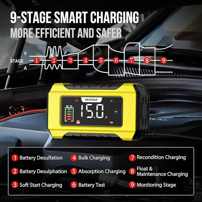 NEXPEAK NC215 15-Amp Battery Charger, Trickle Charger Car Battery Charger 12V 24V LiFePO4 Lead Acid Portable 9-Stage Smart Battery Maintainer w/Temp Compensation for Car Truck Lawn Mower Boat Marine