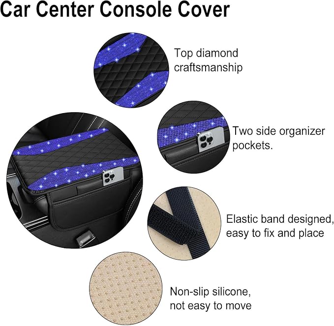 NBTEPEM Bling Car Center Console Cover, Leather Arm Rest Cover for Car with 2 Storage Bags, Universal Car Middle Console Cover Diamond Car Accessories Interior Fit for Most Vehicles, Blue Diamond