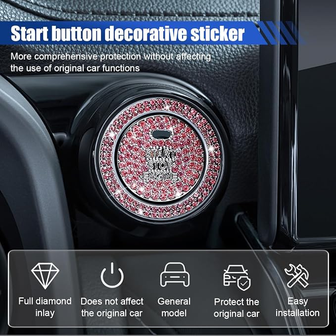 Bling Crystal Car Engine Start Ring Sticker, Sparkling Rhinestone Push Start Button Decorative Cover, Anti-Scratch Key Ignition & Knob Bling Ring Car Interior Accessories for Women (Pink)