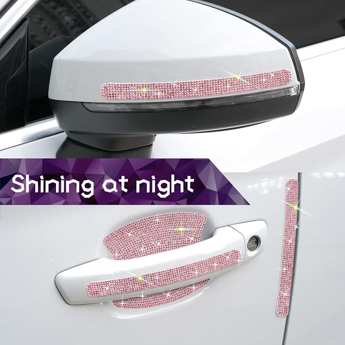 10PCS Car Door Handle Bling Rhinestones Stickers, Pink | Universal Auto Door Handle Safety Reflective Strips, Cute Things for Girl's Car
