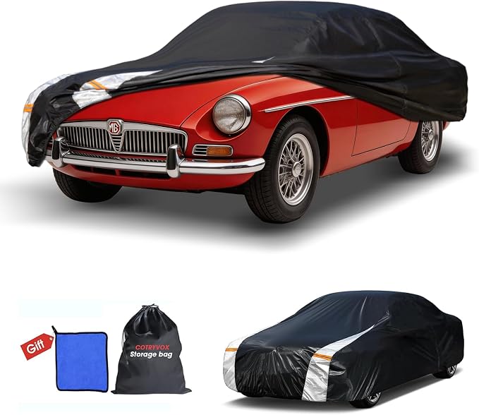 Multi-Layer Car Cover Custom Fit for MG MGB(1962-1981), 100% Waterproof All Weather for Automobiles, Gift with Towel, Heavy Duty Car Covers for Rain Sun UV Protection with Door Zipper