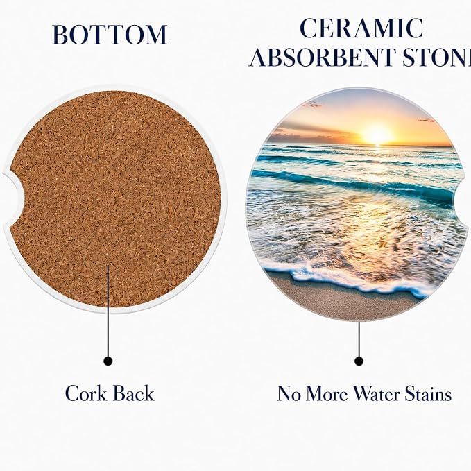 2Pack Car Cup Holder Coasters Absorbent Ceramic Coaster 2.56" for Women & Men Wave Beach Sunset Car Accessories