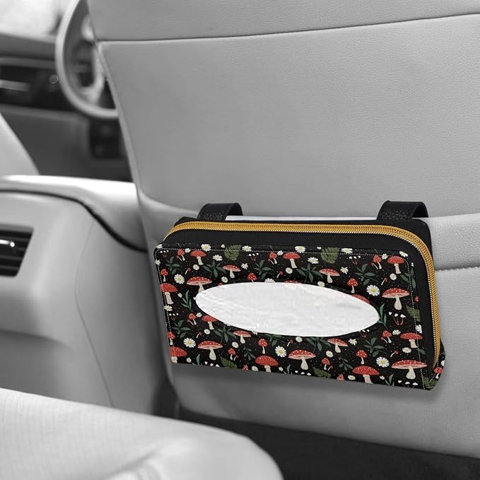 Mushroom Daisy Car Visor Tissue Holder for SUV Sedans Vans Premium Car Tissue Box PU Leather Wear Proof Universal Fit