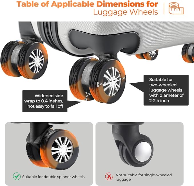 8Pcs Upgrade Luggage Wheel Covers,Travel Accessories (Carbon Black/Orange) | Wear-resistant & anti-noise silicone covers. Fits 2-2.4" wheels. Protects suitcase wheels. Travel essential for suitcases