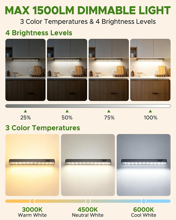 Rechargeable Magnetic Light Bar, 15.8 inch, 1500LM Portable LED Light with 10000mAh Battery, USB-C Charging, Remote Control & Timer, Dimmable & 3 Color Temps, Magnetic Mount, Hook & Battery Display