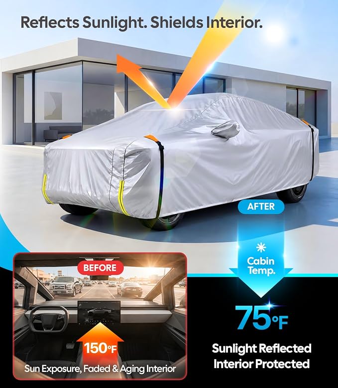 Wigoo Tesla Cybertruck Car Cover Accessories 2024-2026, Custom Fit Waterproof All Weather Outdoor Truck Cover, Windproof UV Rain Snow Dust Protection, Breathable Design, Paint-Safe Lining, Door Zipper