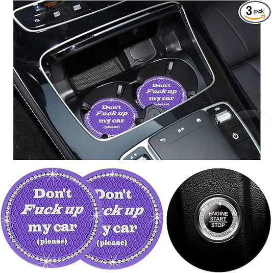 Ziciner 2 Pack Bling Car Cup Holder Coasters with Start Stop Button Cover, 2.75 inch Crystal Rhinestone Soft Rubber Auto Cup Insert Pad, Non-Slip Universal Vehicle Interior Accessories (Purple)