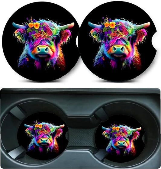 2 Pack Highland Cow Car Cup Holder Coasters Universal Neoprene Coasters | 2.75" Universal Size Anti Slip Rubber Mat,Auto Cup Holder Decal Decor Accessories for SUV Truck,Cow Gifts for Women Men Mom