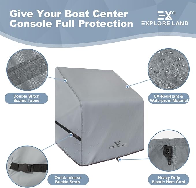 Explore Land Waterproof Boat Center Console Cover Fade Resistant 600D Marine Grade Fabirc Size up to 36"W x 24"D x 42"H, Grey