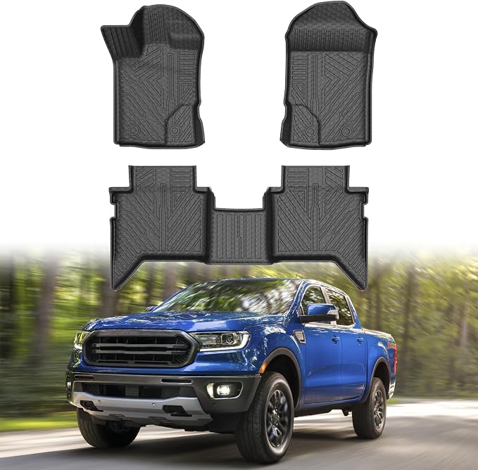 Mixsuper Ranger Floor mats-Floor mat for Ford Ranger Supercrew Cab 2019-2023,All Weather TPE Rubber Floor Liners Protection for Ranger Accessories,2 Row Anti-Slip Car Mats, Black