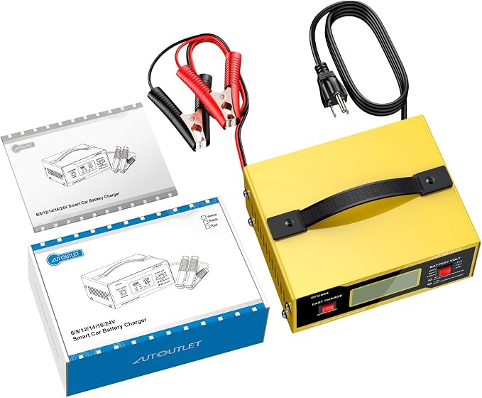 AUTOUTLET Upgraded 6/8/12/14/16/24V Battery Charger Automotive Smart Car Battery Charger and Trickle Maintainer 0-14A Fully Automatic with Cable Clamps for Lead-Acid Batteries(NOT Lithium Battery)