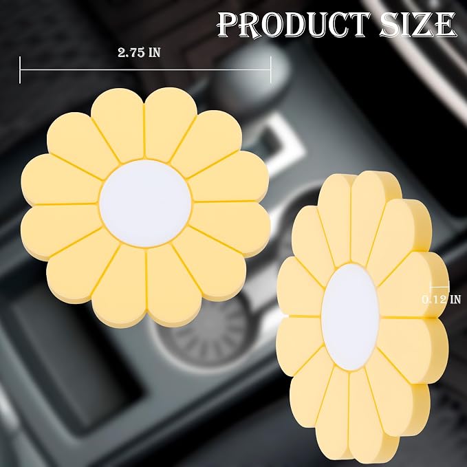4-Pack Car Cup Holder Coaster Inserts, Daisy Shape, 2.75 Inch Non-Slip Silicone Cup Holder Insert, Universal Non-Slip Cup Holders, Car Accessories Interior for Women and Man (Yellow)