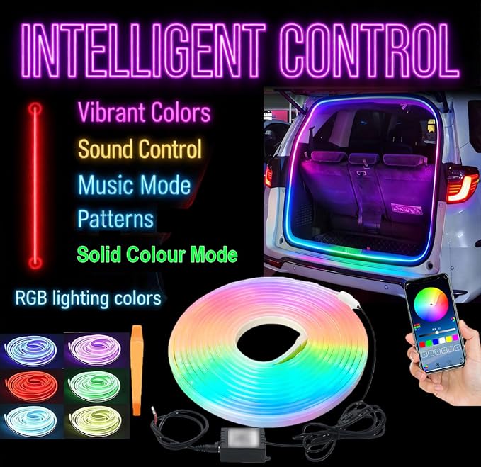 Dynamic Flowing Car Trunk Light Strip 4M/13.12ft RGB Neon Trunk led Light | Waterproof 12V Auto On/Off Cuttable Trunk LED Light Strip Flexible Silicone Ambient Lighting