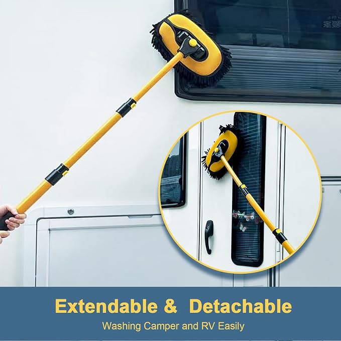 YeewayVeh Car Wash Brush with Long Handle, Microfiber Car Wash Mop with Replaceable Chenille Brush Head, Soft Cleaning Brush with 15° Curved Extension Pole Car Wash Kit for RV Truck Camper, Yellow | Extra Replaceable Chenille Head, 15° Curved Extension...