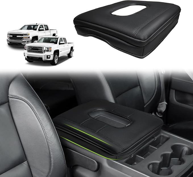 Muslogy Center Console Armrest Cover Fit for Chevy Silverado & GMC Sierra 1500 2500 3500HD 2014-2018 Accessories, Comfort Armrest Pad Console Lid Cushion Vegan Leather 1-Inch Thick(Split Bench Seat)