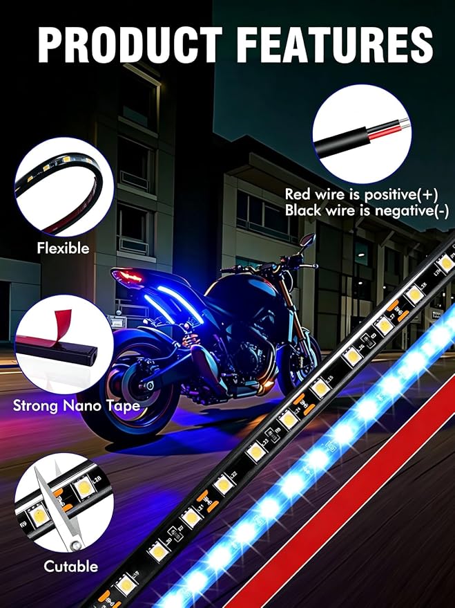8 Pcs Car Led Light Strip IP67 Waterproof 11" Flexible Led Lights Underglow 12V for Car Motorcycle Boat Golf Cart Interior Exterior Decoration - Blue