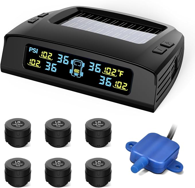 Tymate TM2 RV Tire Pressure Monitoring System, Solar Charge TPMS, 6 Sensors & 5 Alarm Modes, Color Display, W/Repeater for Longer Distance Transmission, 0-144 PSI for RV Trailer Camper Fifth Wheel