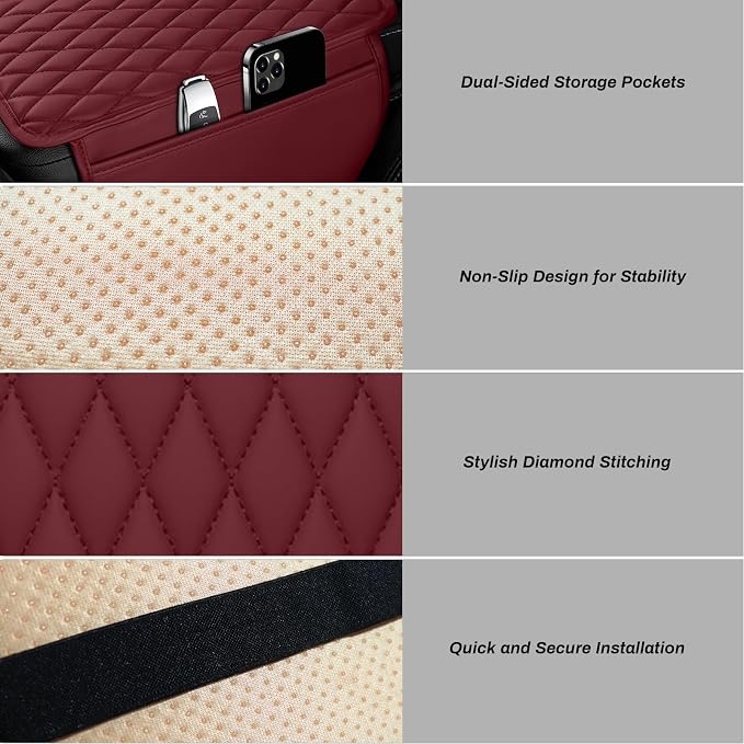 Ouzorp Car Center Console Cover, Upgraded Microfiber Leather Car Arm Rest Cover with 2 Storage Bags, Universal Armrest Cover for Car Storage Box Car Interior Accessories Protector for Most Vehicle-Red