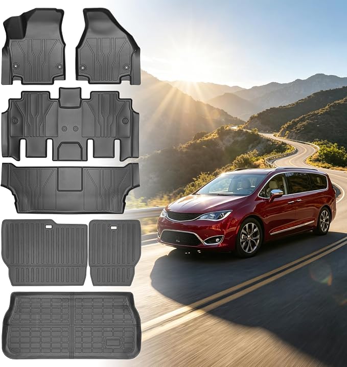 Floor Mats for Chrysler Pacifica 2017 2018 2019-2025 | for Voyager 2020-2025(ONLY Gas), 7/8 Seaters,TPE All Weather Protection Custom Fit Floor Mats & Seatback Mat & Cargo