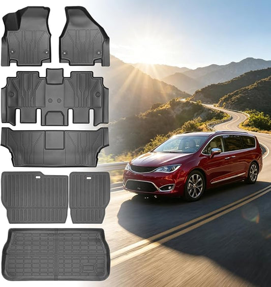 Floor Mats for Chrysler Pacifica 2017 2018 2019-2025 | for Voyager 2020-2025(ONLY Gas), 7/8 Seaters,TPE All Weather Protection Custom Fit Floor Mats & Seatback Mat & Cargo