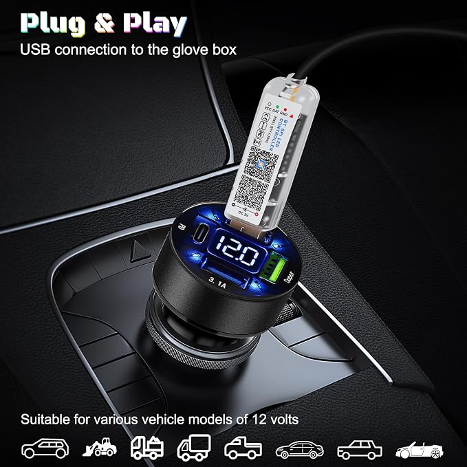 Acrylic Interior Car LED Strip Light with USB/Type C/4-Port Cigarette Lighter, Dreamcolor 6 in 1 with 175 inches 650 LEDs Ambient Lighting Kits, Sound Active Function Neon Led Strips for Car