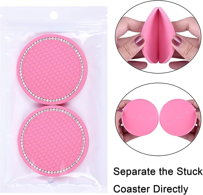 Bling Car Coasters, Wisdompro 4 Pack PVC Car Cup Holder Insert Coaster - Anti Slip Universal Vehicle Interior Accessories Crystal Glitter Cup Mats for Women and Men (2.75" Diameter, Pink)