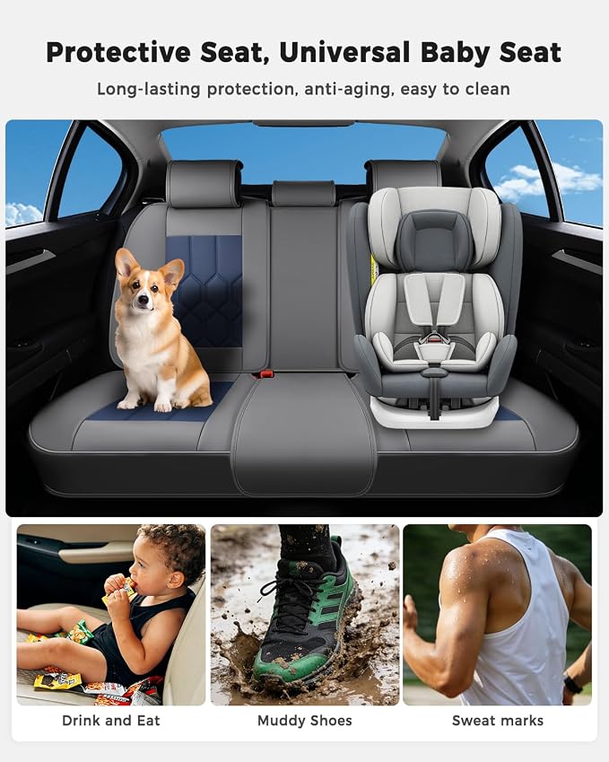 Huidasource Car Seat Covers, Universal Fit for Cars SUV Trucks, Gray&Blue | Full Coverage Leather Seat Cover, Airbag, Cupholder Compatible, Seat Function Retain, Easy Install with Velcro