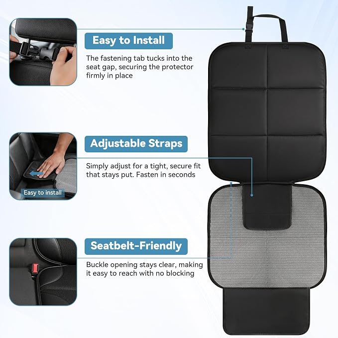 Car Seat Protector, Thick Padding and Upgraded Non-Slip Backing, 600D Waterproof Fabric Child Car Seat Cover with Mesh Pockets, No Imprints, Universal Fit for Car SUV Truck (Black 2pcs)