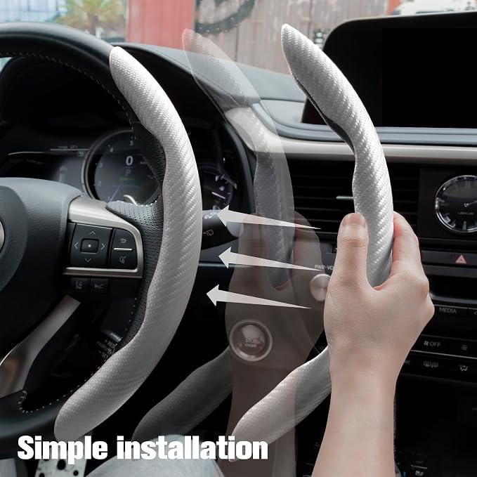 Amiss 2pcs Carbon Fiber Anti-Skid Steering Wheel Cover, Waterproof & Segmented Butterfly Design, Universal 99% Vehicle Wheel Cover Protector, Car Interior Accessories (White-2pcs)