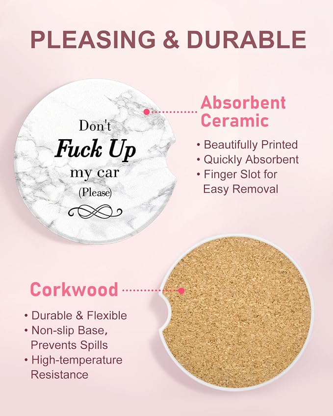 Swooflia Car Coasters for Women - Marble Ceramic Car Cupholder Coaster Cool Absorbent Mat Coaster with Cork Base 2 Pack Automotive Cup Holder Accessories New Driver Gifts for Decor