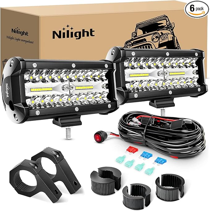 Nilight 6.5Inch 2PCS 120W Spot Flood Combo Bar Driving Waterproof Off Road Led Light with Mounting Bracket Kit Wiring Harness-2 Leads, 2 Years Warranty, Led Pods (Pack of 6)