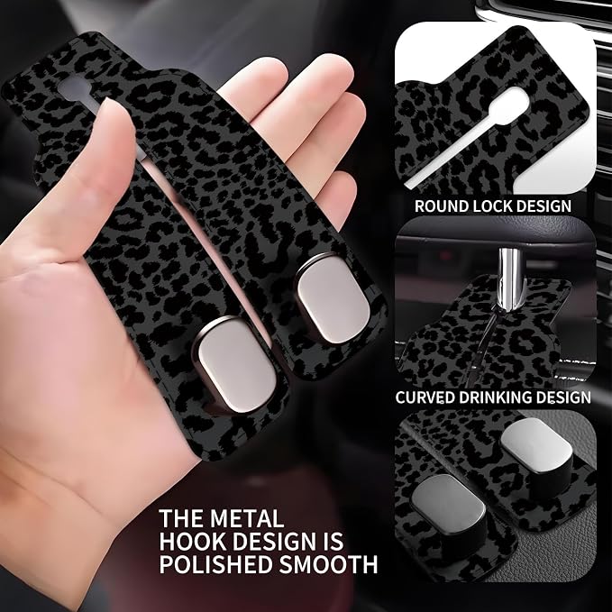 Car Seat Back Storage Headrest Hook, Premium Leather Double Metal Hook, Hanger Storage Organizer for Purse Cloth Bag, Car Interior Accessories Luxury Black Leopard