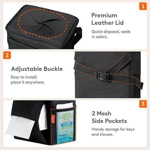 Lifewit Car Trash Bin, 2 Gallon Leakproof Waterproof Vehicle Garbage Can with Lid & Tissue Holder, Car Interior Organizer for Front/Back/Console, Automotive Accessory, Black