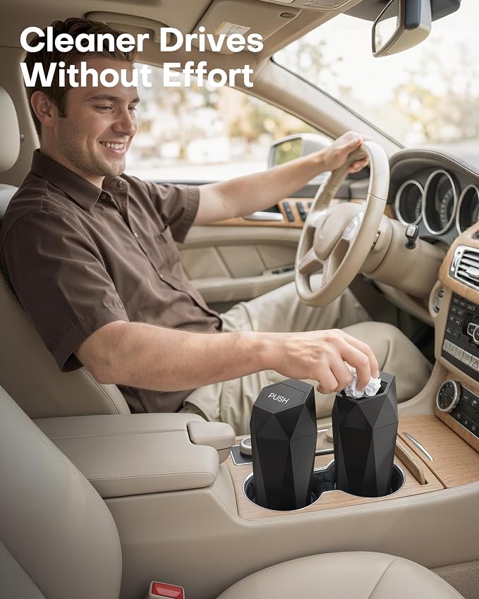 HOTOR Car Trash Can with Lid - 1 Pack, Mini Essential Car Accessories for Interior, Leakproof Car Garbage Can with 15 Attached Trash Bags, Multipurpose Car Organizers and Storage,Black