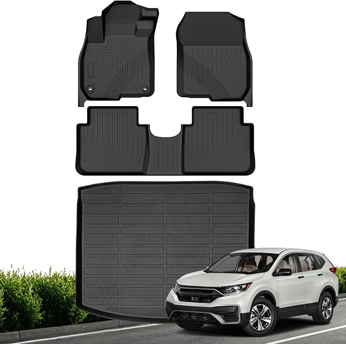Floor Mats for Honda CR-V 2017-2022 (Cargo Mat in Lower Position) | All Weather TPE Floor Liners Custom Fit Honda CRV Heavy Duty Car Mats 1st & 2nd Row & Trunk Mat Accessories Black