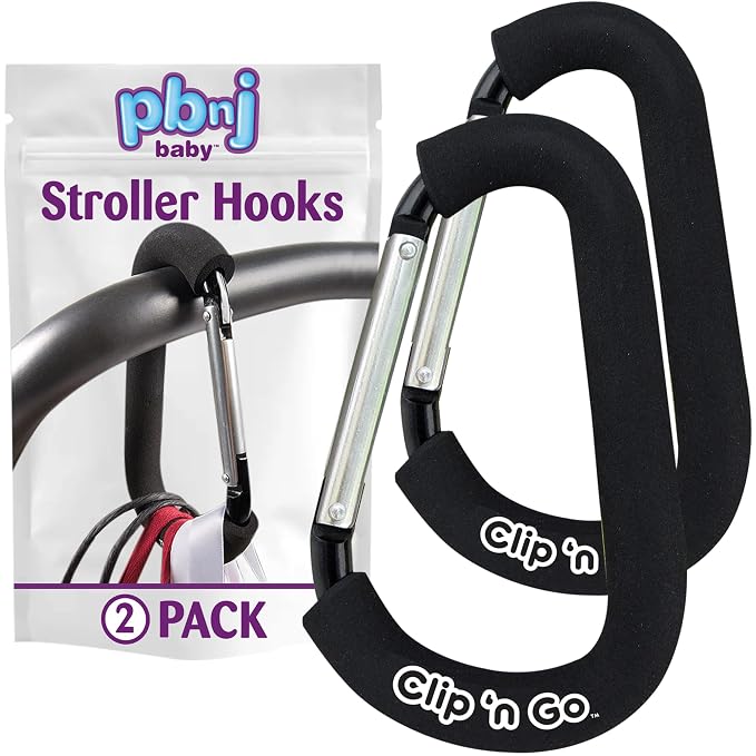 PBnJ Baby Stroller Hooks, 6.6" Extra Large Carabiner Clip, 2 Pack — Heavy Duty Stroller Clips for Hanging Bags, Patented Foam Handle Mommy Hook, Stroller Accessories for Shopping Purse Grocery Bag