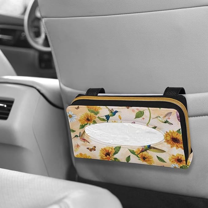 Sunflower PU Leather Backseat Tissue Holder Automotive Sun Visor Napkin Holder Humming Bird Vehicle Car Visor Tissue Holder for Car Sun Visor Napkin Holder